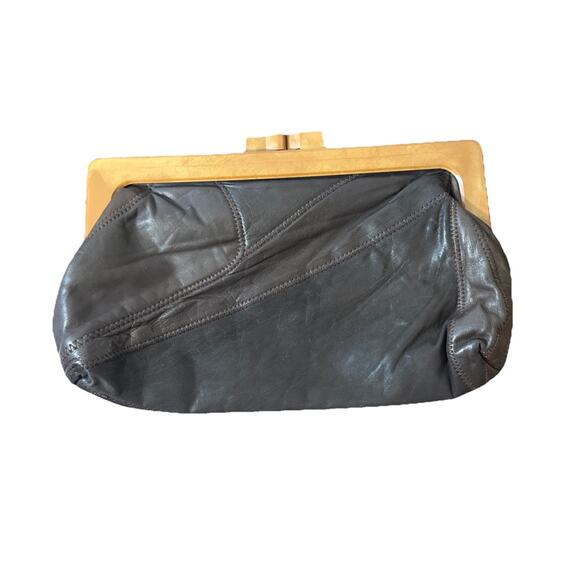 Vintage 1970’s Black Leather Patchwork Clutch Purse Hong Kong Bakelite Handle - Picture 3 of 9